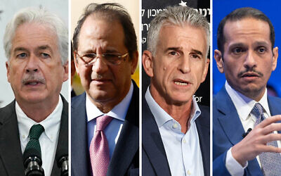 Gaza deal negotiators: (L-R) CIA chief William Burns, Egyptian intel chief Abbas Kamel, Mossad chief David Barnea, and Qatari Prime Minister Mohammed bin Abdulrahman Al-Thani. (Collage/AP/AFP)