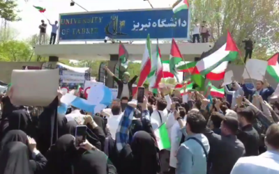 Iranian students rally against the crackdown on anti-Israel protests on college campuses in the US at the University of Tabriz, Iran, April 28, 2024. (Twitter screenshot; used in accordance with Clause 27a of the Copyright Law)