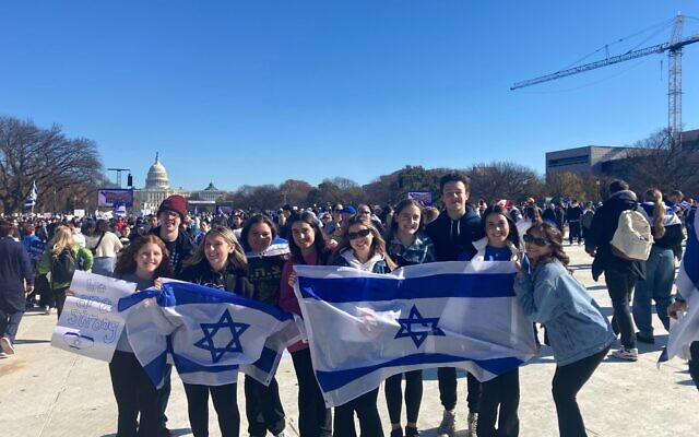 Students from a campus Hillel group join the March for Israel in Washington, DC, November 14, 2023. (Courtesy of Hillel International) Students from a campus Hillel group join the March for Israel in Washington, DC, November 14, 2023. (Courtesy of Hillel International)
