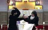 Still image from a livestreamed sermon shows an assailant approaching Bishop Mar Mari Emmanuel to stab him at the Assyrian Orthodox Christ the Good Shepherd Church in Sydney, Australia, April 15, 2024. (Screenshot/Christ The Good Shepherd Church, used in accordance with Clause 27a of the Copyright Law)