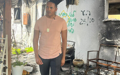 US Representative Ritchie Torres at a house in Kibbutz Nir Oz, March 31, 2024. (Gabriel Sod/ Courtesy of UJA-Federation)