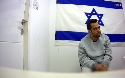 Still image from footage released by the IDF on April 8, 2024, of the interrogation of the spokesman for the Palestinian Islamic Jihad's military wing Tarek Abu Shaluf. (Screenshot)