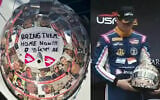 A screenshot of Israeli race car driver Ariel Elkin's helmet, which was covered in photos of hostages held by terror groups in Gaza since October 7, at the Formula 4 championships in New Orleans, April 7, 2024. (Screenshot, used in accordance with Clause 27a of the Copyright Law)