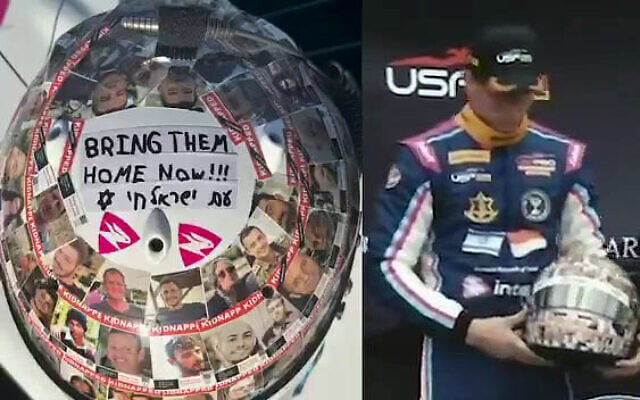 A screenshot of Israeli race car driver Ariel Elkin's helmet, which was covered in photos of hostages held by terror groups in Gaza since October 7, at the Formula 4 championships in New Orleans, April 7, 2024. (Screenshot, used in accordance with Clause 27a of the Copyright Law) A screenshot of Israeli race car driver Ariel Elkin's helmet, which was covered in photos of hostages held by terror groups in Gaza since October 7, at the Formula 4 championships in New Orleans, April 7, 2024. (Screenshot, used in accordance with Clause 27a of the Copyright Law)