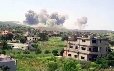 An Israeli airstrike between the towns of Ayta ash-Shab and Ramyeh on Lebanon's southern border with Israel on April 24, 2024. (Screen capture, used in accordance with Clause 27a of the Copyright Law)
