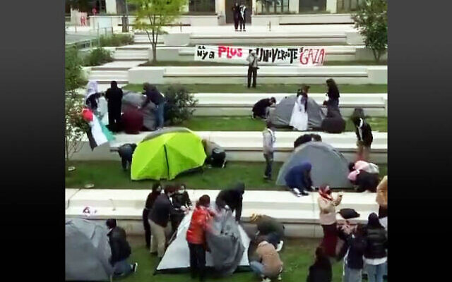 Protesters set up an anti-Israel encampment at Sciences Po University, Paris, France, April 25, 2024. (X video screenshot: used in accordance with Clause 27a of the Copyright Law) Protesters set up an anti-Israel encampment at Sciences Po University, Paris, France, April 25, 2024. (X video screenshot: used in accordance with Clause 27a of the Copyright Law)