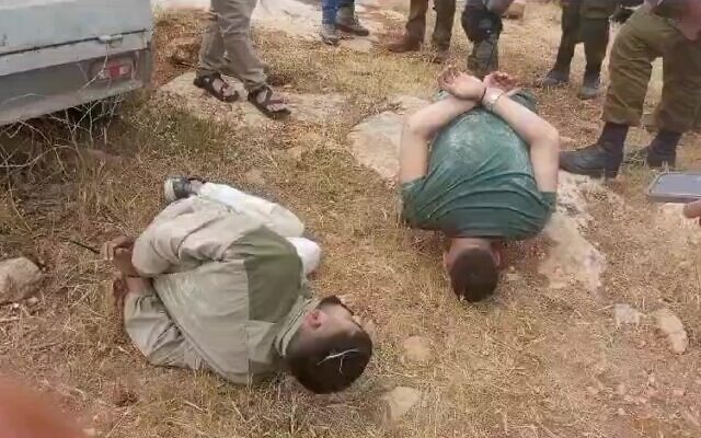 Two Palestinians suspected of attempting to carry out an attack at a West Bank farming outpost, April 26, 2024. (Screenshot: X, used in accordance with Clause 27a of the Copyright Law) Two Palestinians suspected of attempting to carry out an attack at a West Bank farming outpost, April 26, 2024. (Screenshot: X, used in accordance with Clause 27a of the Copyright Law)