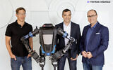 Founders of Israeli startup Mentee Robotics (from left to right) Prof. Shai Shalev-Shwartz, Prof. Amnon Shashua, and Prof. Lior Wolf with prototype AI humanoid robot. (Courtesy)