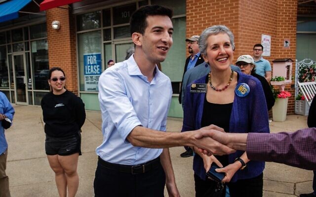 Maryland State Del. Joe Vogel, a Jewish gay Latino Democrat, campaigns with State Sen. Cheryl Kagan in Gaithersburg, Maryland, April 14, 2024. (Bill O'Leary/The Washington Post via Getty Images/JTA)
