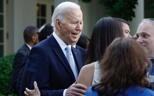 US President Joe Biden greets guests after speaking at a reception celebrating Jewish American Heritage Month in the Rose Garden of the White House, May 20, 2024. (Anna Moneymaker/Getty Images via JTA) US President Joe Biden greets guests after speaking at a reception celebrating Jewish American Heritage Month in the Rose Garden of the White House, May 20, 2024. (Anna Moneymaker/Getty Images via JTA)
