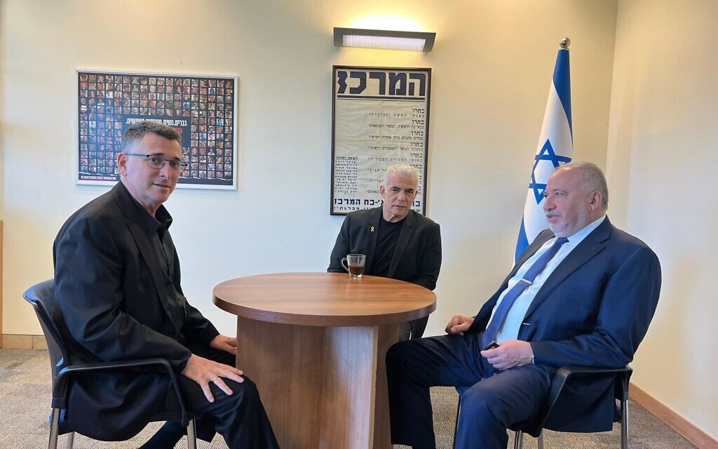 Left to right: New Hope party head Gideon Sa'ar, Opposition Leader Yair Lapid and Yisrael Beytenu leader Avigdor Liberman meet on May 29, 2024. (Yair Lapid's office)