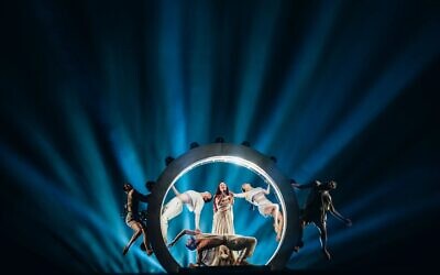 Israel's Eden Golan (center) rehearsing her song 'Hurricane' ahead of the Eurovision in Malmo, Sweden, on April 30, 2024. (Sarah Louise Bennett/EBU)