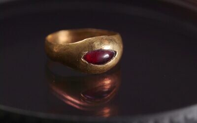 Hellenistic-era, 2,300-year-old gold ring discovered in the City of David in Jerusalem, in an image released on May 27, 2024.(Emil Aladjem/IAA)