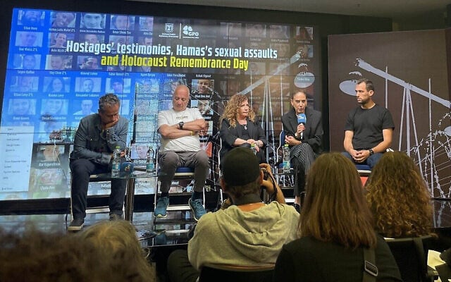 Hostage father Malki Shem-Tov (left), released hostages Luis Har, Merav Tal, and Chen Goldstein-Almog and hostage brother Moshe Or at a Government Press Office panel on May 6, 2024 (Jessica Steinberg/Times of Israel) Hostage father Malki Shem-Tov (left), released hostages Luis Har, Merav Tal, and Chen Goldstein-Almog and hostage brother Moshe Or at a Government Press Office panel on May 6, 2024 (Jessica Steinberg/Times of Israel)