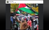 A screenshot from a post on the personal Facebook page of Haythem Abid on October 24, 2023, who describes himself as a head of office for the International Committee of the Red Cross. The picture of Abid shows him attending a pro-Palestinian rally in Montreal, Canada, on October 22, 2023. (Courtesy UN Watch)