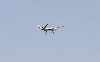 Illustrative - In this picture taken on September 27, 2023, a US MQ-9 Reaper unmanned aerial vehicle flies over Kandahar city. (Massoud Hossaini/AFP)