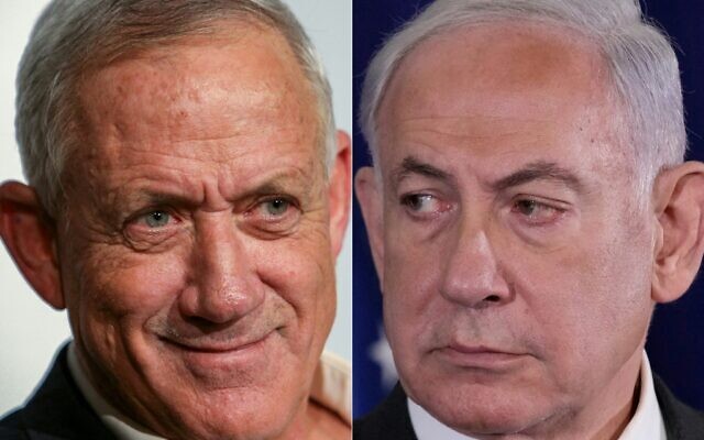File - This combination photograph created on October 12, 2023 shows (L) then-Defense Minister Benny Gantz in Tel Aviv, October 24, 2022, and (R) Prime Minister Benjamin Netanyahu at the Kirya military headquarters in Tel Aviv, on October 12, 2023. (Gil Cohen-Magen and Jacquelyn Martin / various sources / AFP) File - This combination photograph created on October 12, 2023 shows (L) then-Defense Minister Benny Gantz in Tel Aviv, October 24, 2022, and (R) Prime Minister Benjamin Netanyahu at the Kirya military headquarters in Tel Aviv, on October 12, 2023. (Gil Cohen-Magen and Jacquelyn Martin / various sources / AFP)