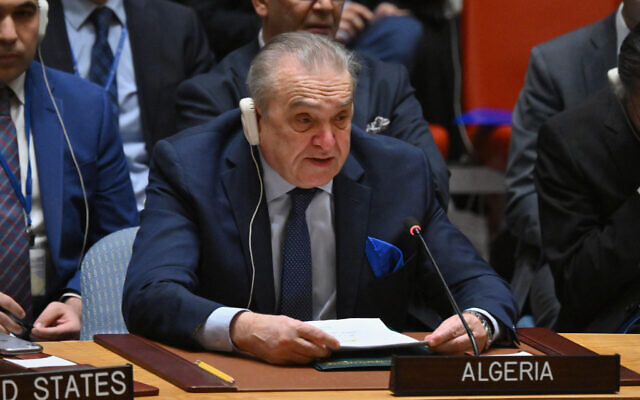 Algeria's ambassador to the United Nations, Amar Bendjama speaks during a Security Council meeting at UN headquarters in New York on March 25, 2024. (Angela Weiss/AFP)