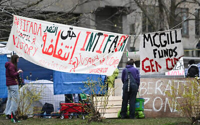 Pro-Palestinian, anti-Israel students and activists protest at an anti-Israel encampment on the campus at McGill University in Montreal, Canada, on April 29, 2024. (Graham Hughes/AFP) Pro-Palestinian, anti-Israel students and activists protest at an anti-Israel encampment on the campus at McGill University in Montreal, Canada, on April 29, 2024. (Graham Hughes/AFP)