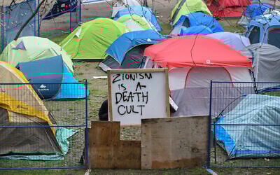 An anti-Israel protest encampment on the campus of McGill University in Montreal, Canada, on April 29, 2024. (Graham Hughes / AFP)
