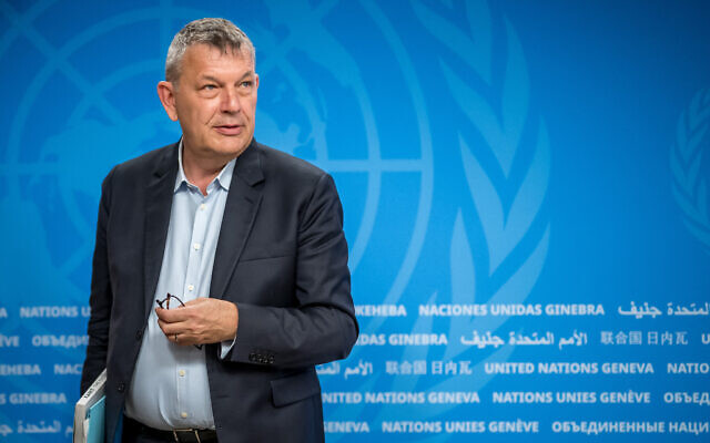 UNRWA chief Philippe Lazzarini at a press conference on the situation in Gaza at the United Nations offices in Geneva, April 30, 2024. (Fabrice Coffrini/AFP)