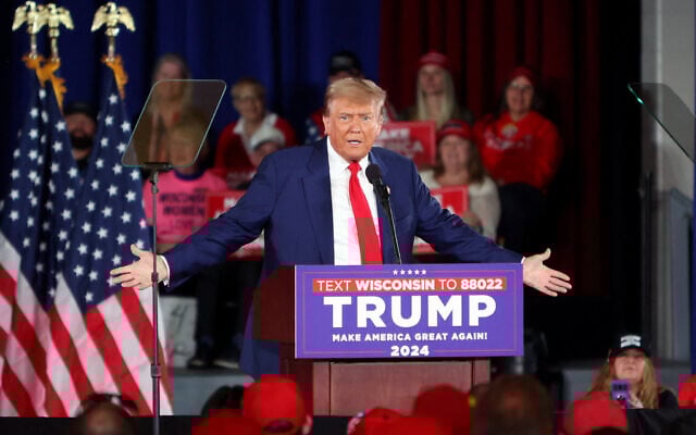 Former US President and Republican presidential candidate Donald Trump speaks at a campaign event in Waukesha, Wisconsin, on May 1, 2024. (Alex Wroblewski/AFP) Former US President and Republican presidential candidate Donald Trump speaks at a campaign event in Waukesha, Wisconsin, on May 1, 2024. (Alex Wroblewski/AFP)
