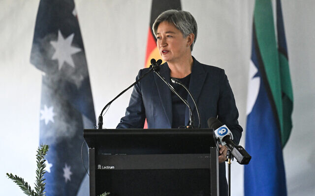 File: Australia's Minister for Foreign Affairs Penny Wong speaks during a ceremony to mark the return of four significant cultural heritage items to the Kaurna People from the collection of the Grassi Museum in Leipzig, at Possum Park in Adelaide on May 3, 2024. (MICHAEL ERREY / POOL / AFP)