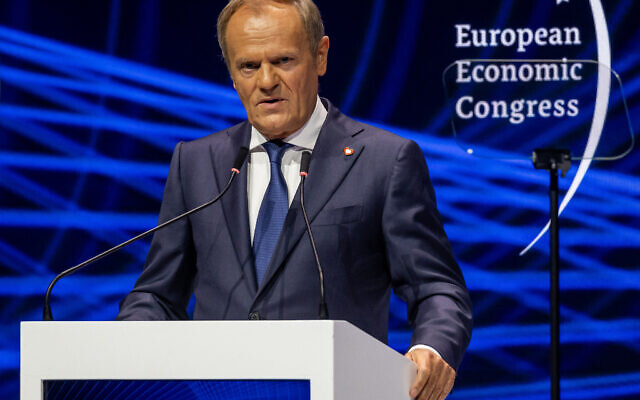 Polish Prime Minister Donald Tusk addresses participants during the opening session of XVI European Economic Congress (EEC) in Katowice, Poland, on May 7, 2024.(Photo by Wojtek Radwanski / AFP) Polish Prime Minister Donald Tusk addresses participants during the opening session of XVI European Economic Congress (EEC) in Katowice, Poland, on May 7, 2024.(Photo by Wojtek Radwanski / AFP)