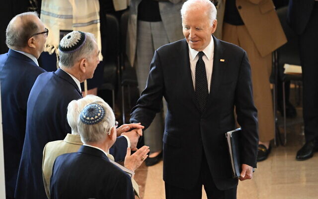 US President Joe Biden arrives to speak at the annual Days of Remembrance ceremony for Holocaust survivors at the US Capitol in Washington, DC, on May 7, 2024. (Saul Loeb/AFP)