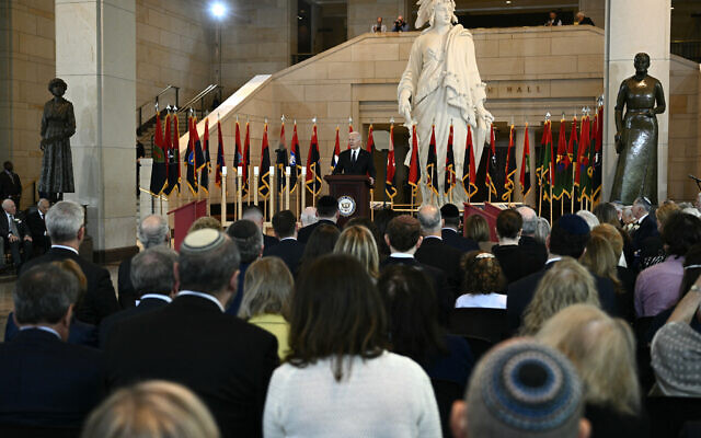 US President Joe Biden speaks at the annual Days of Remembrance ceremony for Holocaust survivors at the US Capitol in Washington, DC, on May 7, 2024. (Photo by Brendan SMIALOWSKI / AFP)