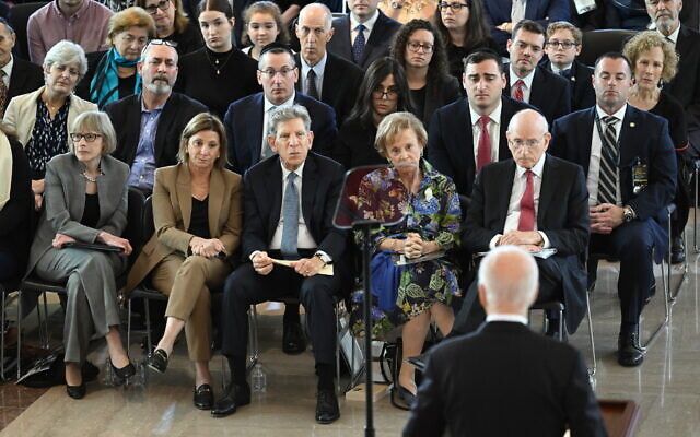 Attendees listen as US President Joe Biden speaks at the annual Days of Remembrance ceremony for Holocaust survivors at the US Capitol in Washington, DC, on May 7, 2024. (Photo by SAUL LOEB / AFP)