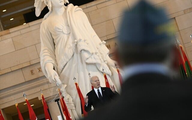 US President Joe Biden speaks at the annual Days of Remembrance ceremony for Holocaust survivors at the US Capitol in Washington, DC, on May 7, 2024. (Brendan Smialowski/AFP)