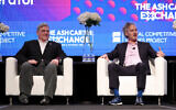 General Mark A. Milley (left) and Alex Karp speak for The Ash Carter Exchange on Innovation and National Security panel during the AI Expo For National Competitiveness at Walter E. Washington Convention Center on May 7, 2024 in Washington, DC. (TASOS KATOPODIS/Getty Images via AFP)