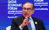 Malaysia's Prime Minister Anwar Ibrahim speaks at the Qatar Economic Forum in Doha on May 14, 2024. (Karim JAAFAR / AFP)