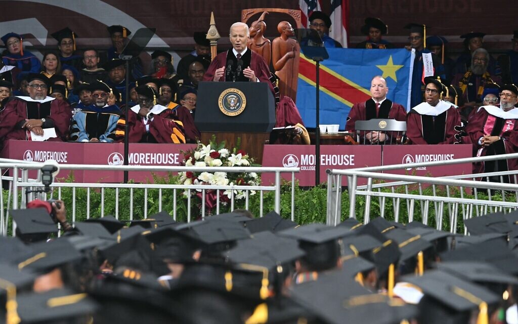 US President Joe Biden delivers a commencement address during Morehouse College's graduation ceremony in Atlanta, Georgia on May 19, 2024. (Andrew Caballero-Reynolds/AFP)