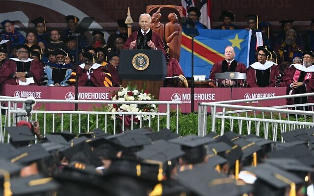 US President Joe Biden delivers a commencement address during Morehouse College's graduation ceremony in Atlanta, Georgia on May 19, 2024. (Andrew Caballero-Reynolds/AFP) US President Joe Biden delivers a commencement address during Morehouse College's graduation ceremony in Atlanta, Georgia on May 19, 2024. (Andrew Caballero-Reynolds/AFP)