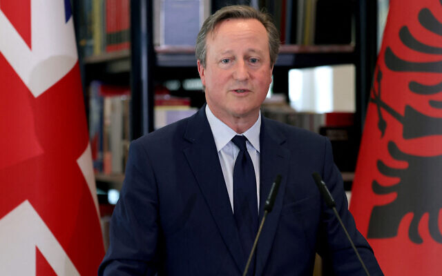 British Foreign Secretary David Cameron at a joint press conference with the Albanian prime minister after a meeting in Tirana, on May 22, 2024. (Adnan Beci/AFP)