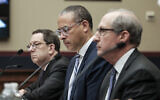 From left to right: Northwestern University President Michael Schill, Rutgers University President Jonathan Holloway and Frederick Lawrence testify at a hearing called 'Calling for Accountability: Stopping Antisemitic College Chaos' at the House Committee on Education and the Workforce, on Capitol Hill in Washington, May 23, 2024. (Michael A. McCoy/Getty Images/AFP)
