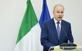 Irish Foreign Minister Micheal Martin holds a joint press conference with his Spanish and Norwegian counterparts at the the Permanent Representation of Spain to the European Union in Brussels on May 27, 2024. (Kenzo TRIBOUILLARD / AFP)