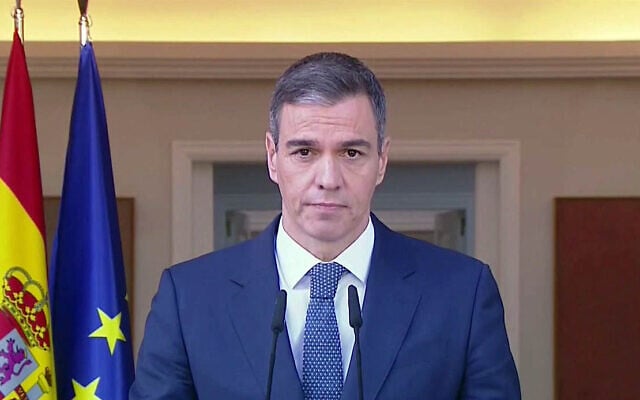 Spanish Prime Minister Pedro Sanchez delivering a televised speech over his country's recognition of Palestinian statehood, at La Moncloa Palace in Madrid, May 28, 2024. (POOL MONCLOA/AFP) Spanish Prime Minister Pedro Sanchez delivering a televised speech over his country's recognition of Palestinian statehood, at La Moncloa Palace in Madrid, May 28, 2024. (POOL MONCLOA/AFP)