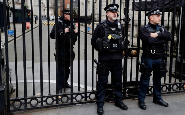 Illustrative: Police officers guard the gates to Downing Street in London, Wednesday, Dec. 6, 2017. (AP Photo/Kirsty Wigglesworth) Illustrative: Police officers guard the gates to Downing Street in London, Wednesday, Dec. 6, 2017. (AP Photo/Kirsty Wigglesworth)