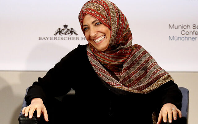 Tawakkul Karman, chairwoman of Woman Journalists Without Chains, attends the International Security Conference in Munich, Germany, February 17, 2019. (AP Photo/ Matthias Schrader/ File) Tawakkul Karman, chairwoman of Woman Journalists Without Chains, attends the International Security Conference in Munich, Germany, February 17, 2019. (AP Photo/ Matthias Schrader/ File)