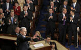 Prime Minister Benjamin Netanyahu speaks against the US-led international nuclear deal with Iran in 2015 before a joint meeting of Congress on Capitol Hill in Washington, March 3, 2015. (AP/J. Scott Applewhite)