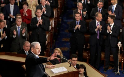 Prime Minister Benjamin Netanyahu speaks against the US-led international nuclear deal with Iran in 2015 before a joint meeting of Congress on Capitol Hill in Washington, March 3, 2015. (AP/J. Scott Applewhite)