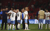 File - Israel's players celebrate after the end of the UEFA Nations League soccer match between Albania and Israel at Air Albania stadium in Tirana, Albanian, June 10, 2022. Israel won 2-1.(AP Photo/Franc Zhurda)