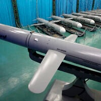 Illustrative: In this image released by the official website of the Iranian Defense Ministry, July 25, 2023, Abu Mahdi naval cruise missiles are displayed in a ceremony to deliver the missiles to both the national Navy and the navy of the Revolutionary Guard, Iran. (Iranian Defense Ministry via AP)