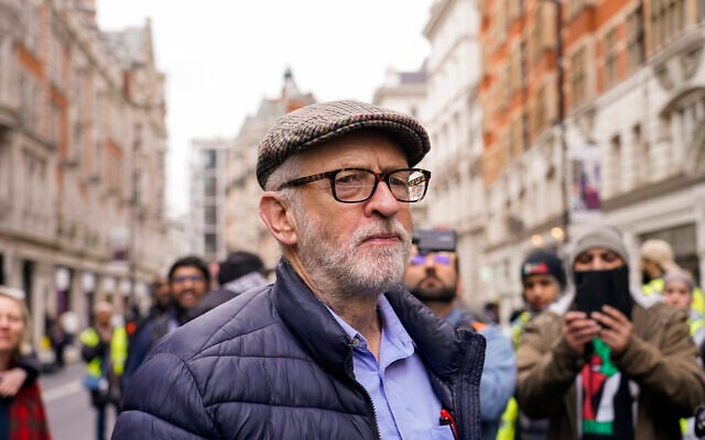 Former Labour Party leader Jeremy Corbyn attends a demonstration in support of Palestinians in Gaza, in London, February 17, 2024. (AP Photo/Alberto Pezzali) Former Labour Party leader Jeremy Corbyn attends a demonstration in support of Palestinians in Gaza, in London, February 17, 2024. (AP Photo/Alberto Pezzali)