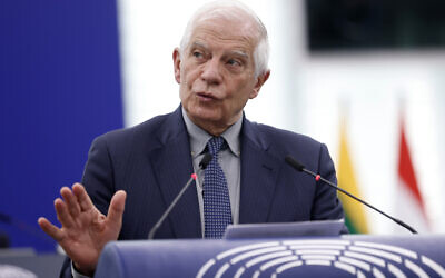 European Union foreign policy chief Josep Borrell speaks during a debate in Strasbourg, eastern France, April 24, 2024. (Jean-Francois Badias/AP)
