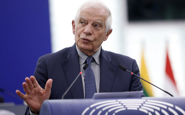 European Union foreign policy chief Josep Borrell speaks during a debate in Strasbourg, eastern France, April 24, 2024. (Jean-Francois Badias/AP) European Union foreign policy chief Josep Borrell speaks during a debate in Strasbourg, eastern France, April 24, 2024. (Jean-Francois Badias/AP)