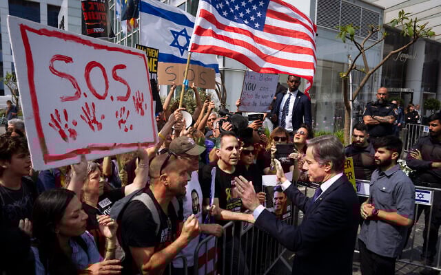 US Secretary of State Antony Blinken speaks to families and supporters of Israeli hostages held by Hamas in Gaza during a protest calling for their return, after meeting families of hostages in Tel Aviv, May 1, 2024. (AP Photo/Oded Balilty) US Secretary of State Antony Blinken speaks to families and supporters of Israeli hostages held by Hamas in Gaza during a protest calling for their return, after meeting families of hostages in Tel Aviv, May 1, 2024. (AP Photo/Oded Balilty)